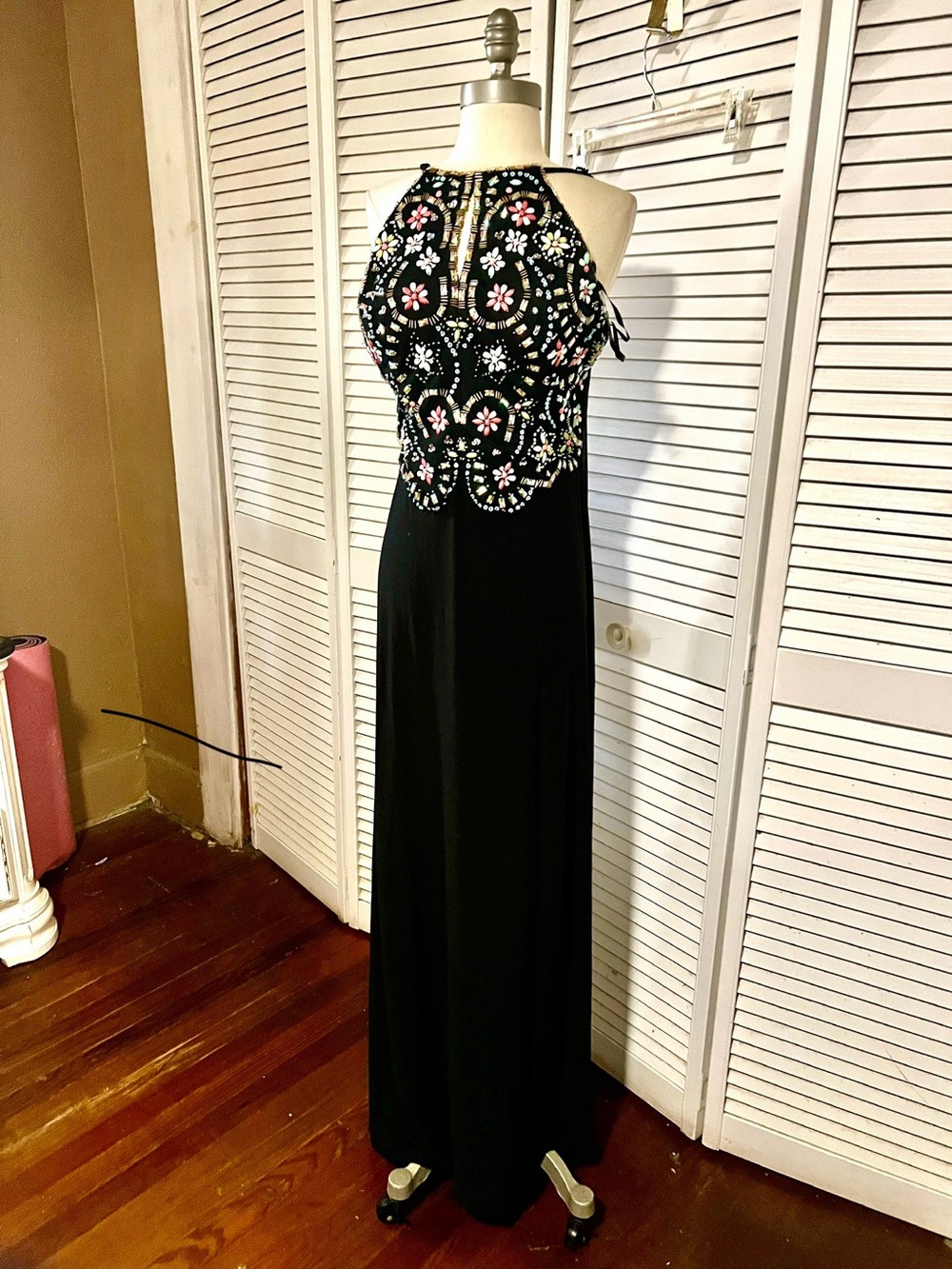 Blondie Nites Black Halter Maxi Dress with Multicolor Beaded Bodice